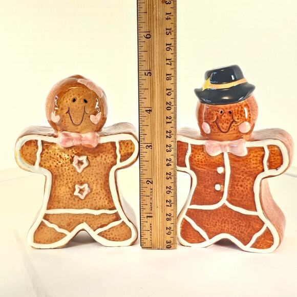 Gingerbread Salt Pepper Shakers, 2 Tea Light Holders Christmas Decor Set Ceramic - Picture 4 of 16